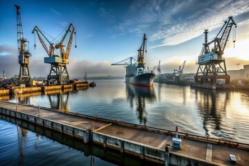 Obraz premium Misty Hamburg Harbor: Panoramic View of Floating Dock & Shipyard Cranes at Dawn