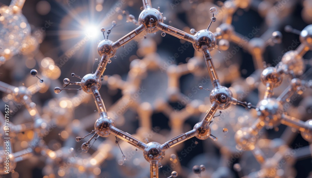 Poster abstract nanotechnology structure with glowing core and interconnected elements