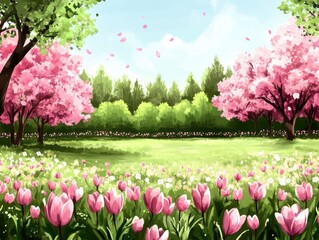 Obraz premium This whimsical artwork features a vibrant spring landscape adorned with blooming tulips, delicate blossoms, and vibrant green trees under a serene sky