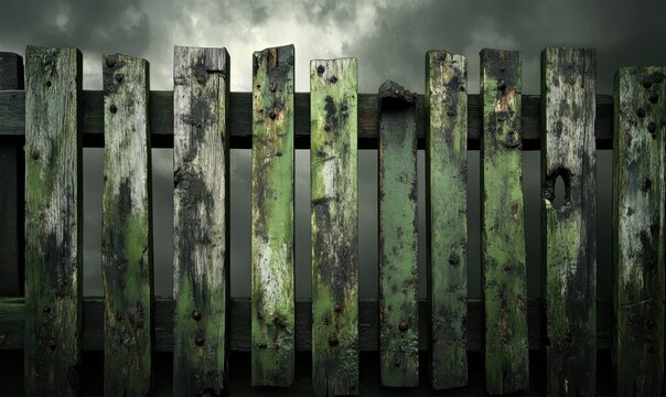 Old green wooden fence under stormy sky, rural scene, for background