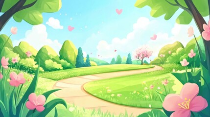 Fototapeta premium Delicate watercolor art depicting a serene spring day. Lush greenery, blooming flowers, and a winding path invite exploration and evoke a tranquil, fairy-tale feeling