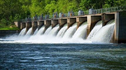Water flowing over a dam in a lush green landscape, showcasing energy generation in nature