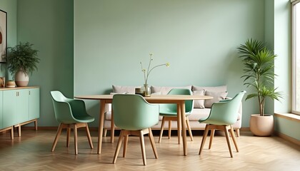 Fototapeta premium Stylish living room featuring mint chairs, round wooden dining table, comfortable sofa. Modern cabinet near light green wall. Wooden floor with minimalist scandinavian decor elements. Home interior