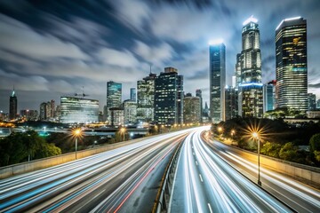 Obraz premium Night Cityscape: Long Exposure Highway & Skyline Lights