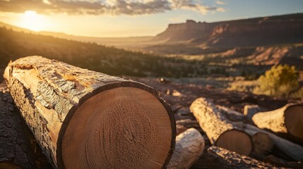 A close-up shot of cut wood in the foreground set against a mountain sunset