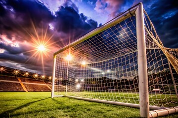 Night Soccer Goal, Illuminated Field, Dramatic Lighting, Sports Photography