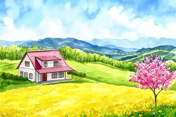Fototapeta premium A delightful spring landscape captures a cozy house surrounded by vibrant yellow flowers, blooming trees, and lush green hills beneath a clear blue sky