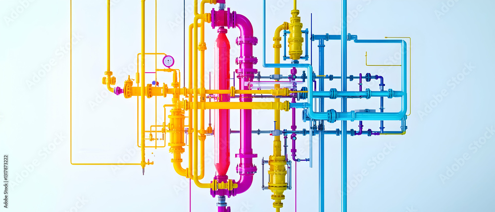 Poster complex interconnected multicolored pipeline system on a white background with bright vivid colors
