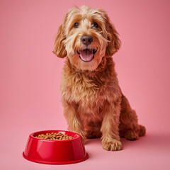 dog portrait standing next to a pet food bowl