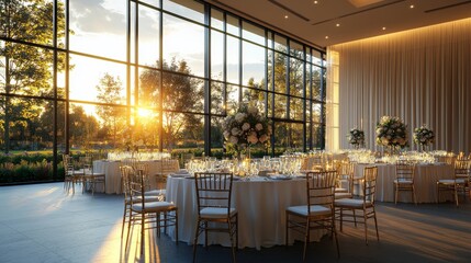 Elegant Wedding Reception in Stylish Venue with Beautiful Sunset View