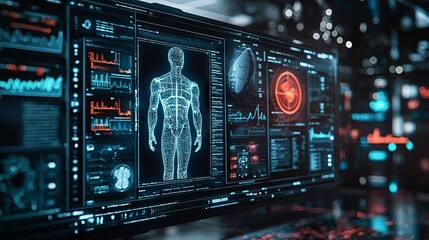 Obraz premium Futuristic Medical Interface with Human Anatomy Visualization and Data Analytics