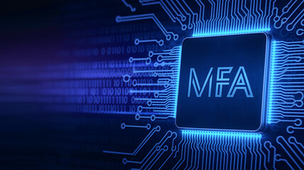 MFA Technology – Multi-Factor Authentication Chip on a Futuristic Blue Circuit Board,  cloud computing concept, cloud technology, Saas, Paas, Iaas. AWS Service, OTP security, secure login