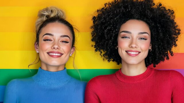 Supportive Unity: Cisgender Allies Embrace LGBTQ Community in a Vibrant Rainbow Setting Highlighting Diversity and Inclusion with Smiling Women in Colorful Sweaters with Bold Minimalist Style