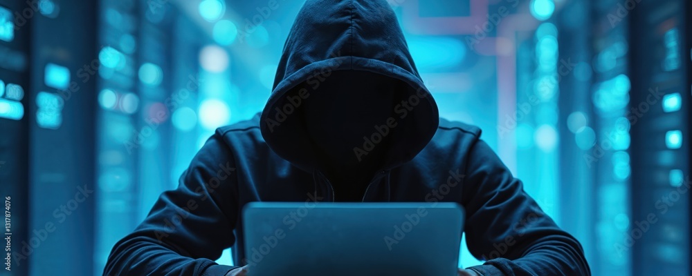 Poster hacker in black hoodie exploits data cloud breach using laptop. cybercriminal steals corporate infor