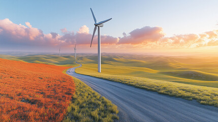 Obraz premium Fields bathed in golden light with wind turbines standing tall against a beautiful sunset in the countryside