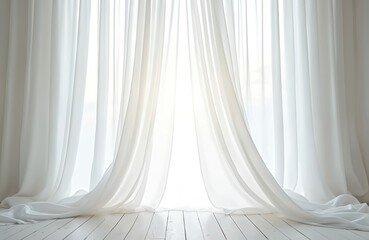 White dreamy sheer curtain backdrop in luminous room. Purity elegance tranquility theme for maternity, wedding, bridal, newborn photo. Soft romantic delicate serenity graceful intimate gentle glowing