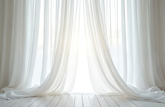 White dreamy sheer curtain backdrop in luminous room. Purity elegance tranquility theme for maternity, wedding, bridal, newborn photo. Soft romantic delicate serenity graceful intimate gentle glowing