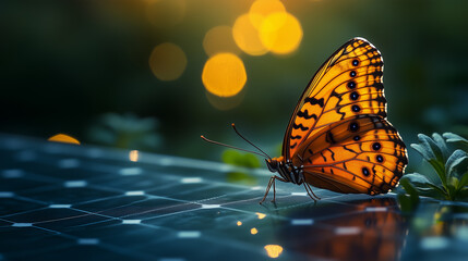 Butterfly resting on photovoltaic panel capturing sunlight in a serene outdoor setting during golden hour