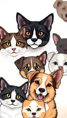A Gathering of Furry Friends Cats and Dogs United in a Playful Composition their Expressive Eyes and Unique Markings Create a Heartwarming Scene of Animal Companionship and Joyful Togetherness