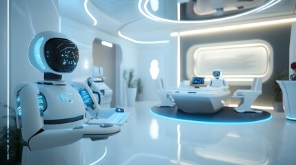 Futuristic Office:  A stunning image of robots interacting within a modern, technologically advanced office space, suggesting a glimpse into the future of work and automation.