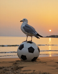 Seagull Standing on a Soccer Ball at Sunset on the Beach – Wildlife and Coastal Sports Concept