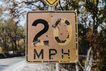 Road sign warns drivers of a sharp turn ahead, advising a speed of 20 mph. The sign is located in...