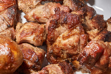 Skewered kebabs and homemade sausages in a white porcelain mold. Close-up.