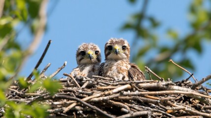 Two hawk chicks in nest, tree branches background; wildlife nature