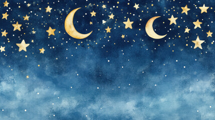 Naklejka premium Magical Night Sky with Golden Moons and Shining Stars Background