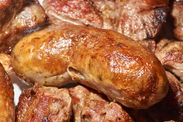 Skewered kebabs and homemade sausages in a white porcelain mold. Close-up.