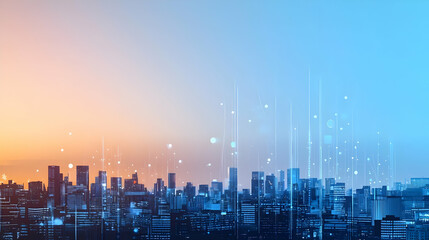 Fototapeta premium Panoramic Cityscape At Dusk With Illuminated Buildings And Technological Data Flowing Across The Skyline In Shades Of Orange Blue and Purple