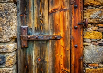 Rustic Wooden Door Entrance with Metal Hinges - Old Timber Door in Stone Building