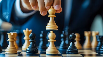 Strategic Move: A person's hand carefully positions a bishop on a chessboard, symbolizing strategic planning, competition, and intellectual prowess. It's a game of focus, concentration, and foresight.