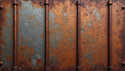 Grunge rusted metal texture background. Old oxidized iron panel with frame. Perfect for abstract design, industrial scene or steampunk projects. Aged alloy with cracked paint and corrosive stains.