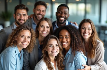 Group of pro business workers pose, smile at camera in modern office setting. Businessmen, women collaborate, communicate, work as team. Diverse staff smiles. Corporate culture unity.