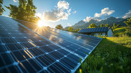 Solar panels capture sunlight on a sunny morning in a mountain landscape with lush greenery