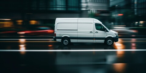 White commercial delivery van on the street with motion blur background
