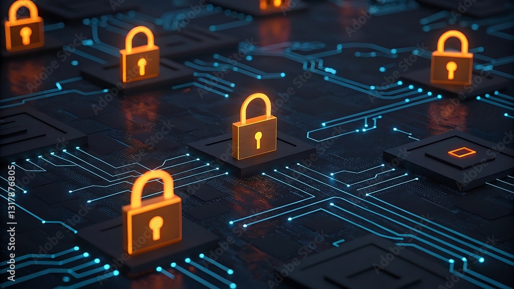 Aufkleber secure digital network with glowing padlock symbols representing online data protection and cybersec