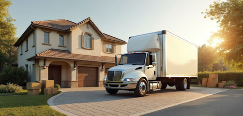 Moving truck parked in front of suburban home. Boxes sit on lawn ready for unloading. Moving company delivery service. Real estate concept. New house purchase. Relocation service. Residential