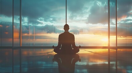 Business professional practicing meditation in office space to alleviate stress and enhance focus