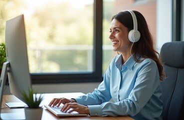 Smiling woman in headphones types on keyboard. Customer service agent uses helpdesk software, answering customer tickets. Efficient support, positive interaction, researching solution, friendly