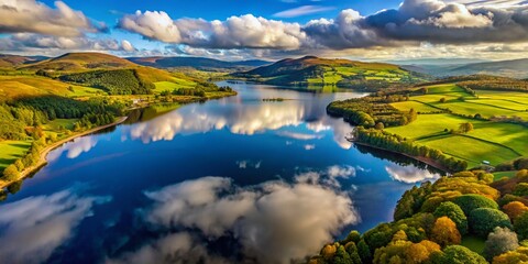 Obraz premium Stunning Aerial View of Llyn Tegid, North Wales: Calm Waters & Majestic Reflections