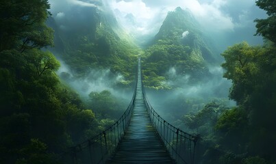 Obraz premium Suspension Bridge Through Lush Green Mountains and Misty Forests