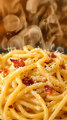 A close-up of creamy spaghetti carbonara with crispy bacon, grated cheese, and black pepper. generative ai