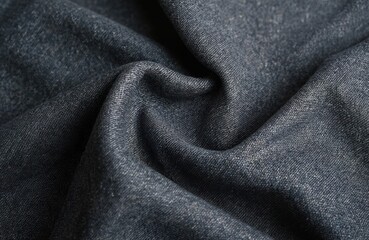 Fototapeta premium Detailed close-up of dark blue denim fabric with interlaced texture. Cotton material with twill weave pattern for jeans, casual clothing. Modern garment industry fabric background, textile design