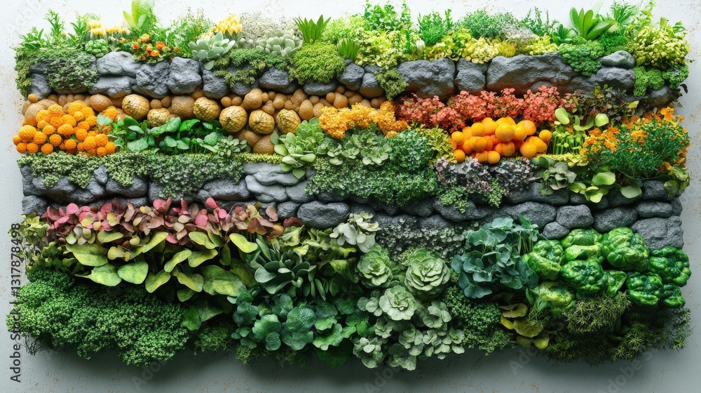 Poster vibrant vertical garden display featuring an array of fruits and vegetables in a modern setting
