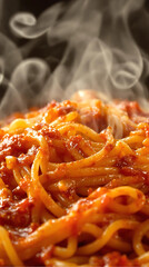 A close-up of  a  rich spaghetti marinara, glistening with seasoning, highlighting its vibrant red and golden textures. generative ai