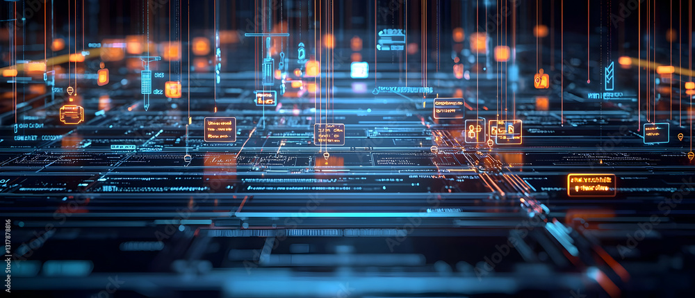 Poster futuristic digital data flow with orange and blue lights in a dark environment with 3d render effect