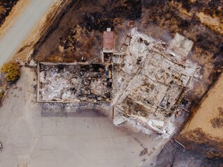 Aerial view of a burned-down building in the Napa, California, United States. The structure is...
