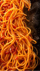 A close-up of  a  rich spaghetti marinara, glistening with seasoning, highlighting its vibrant red and golden textures. generative ai